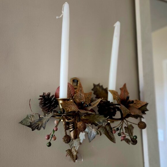 Pair of  Brass Double-Arm Colonial Wall-Sconces Candle Holders  w/added decor - Picture 7 of 8